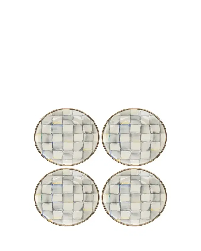 Sterling Check Enamel Canape Plates, Set of 4