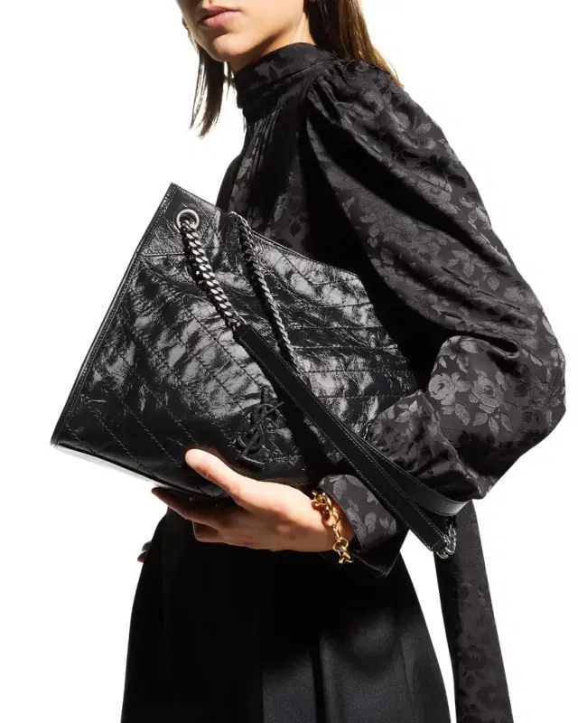 Saint Laurent Niki Medium YSL Shopper Tote Bag in Crinkled Leather