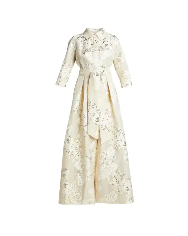Rickie Freeman for Teri Jon Belted Jacquard Shirtdress Gown