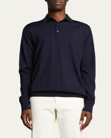Loro Piana Men's Long-Sleeve Wool Polo Shirt | Thumbnail 4