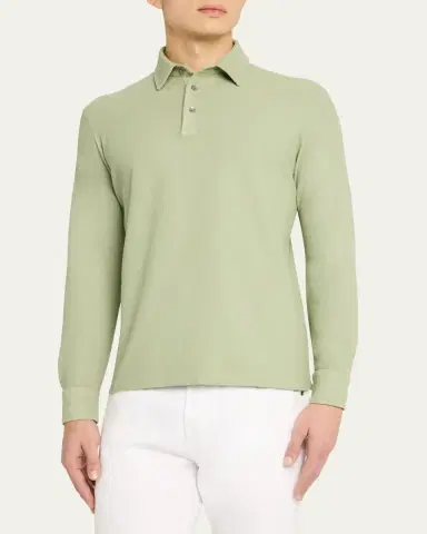 Loro Piana Men's Long-Sleeve Pique Polo Shirt | Thumbnail 5