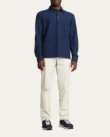 Loro Piana Men's Long-Sleeve Pique Polo Shirt | Thumbnail 7