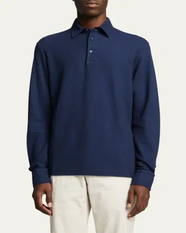 Loro Piana Men's Long-Sleeve Pique Polo Shirt | Thumbnail 9