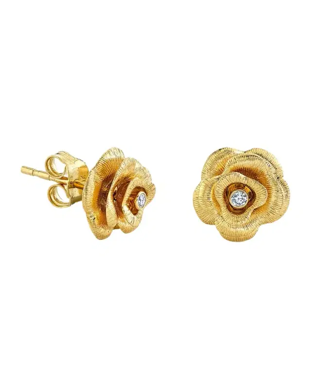 14k Diamond-Bezel Rose Stud Earring, Single