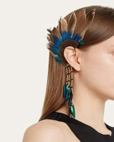 RANJANA KHAN Feathered Ear Cuff with Beetle Wing Tassel, Single | Thumbnail 2