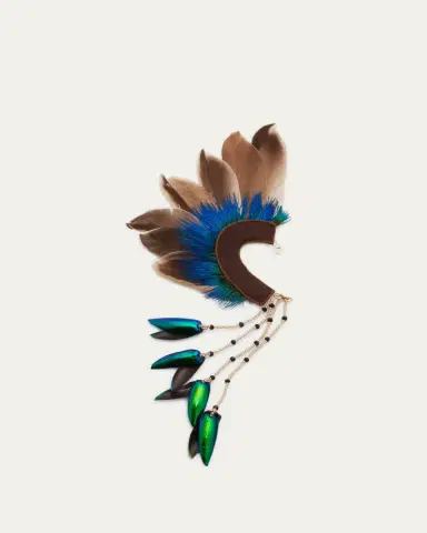 RANJANA KHAN Feathered Ear Cuff with Beetle Wing Tassel, Single | Thumbnail 3