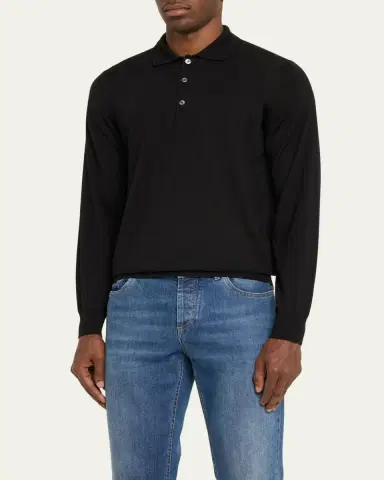 Brioni Men's Cashmere-Silk Long-Sleeve Polo Sweater | Thumbnail 4