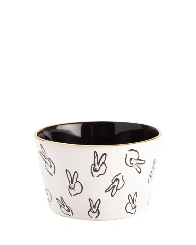 Hunt Slonem Bunny Bar Bowl White with Black Interior