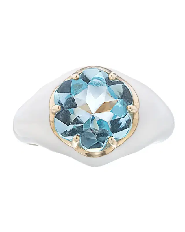 Da Funkadelic Signet Ring with White Enamel and Blue Topaz
