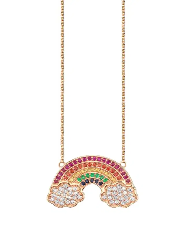 Sydney Evan 14K Large Pave Rainbow with Clouds Pendant Necklace