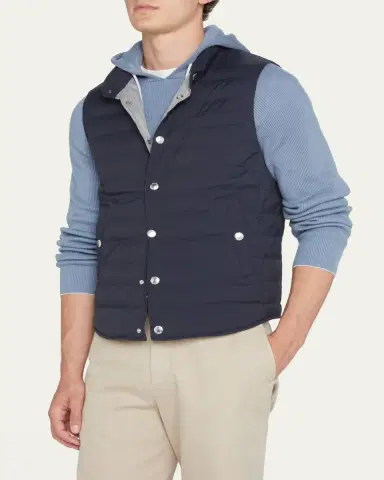 Brunello Cucinelli Men's Snap-Front Quilted Down Vest | Thumbnail 4