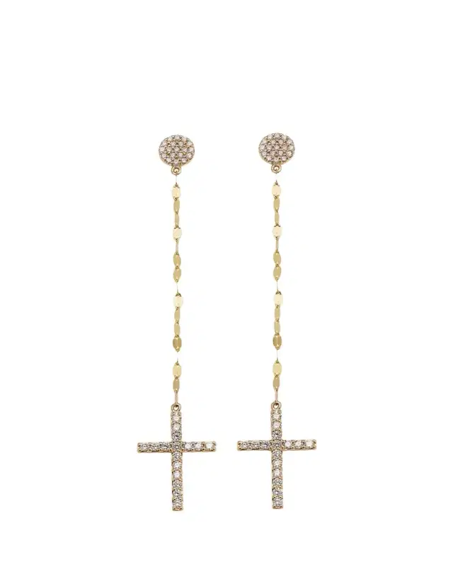 14K Gold Flawlesss Linear Cross Earrings with Diamonds