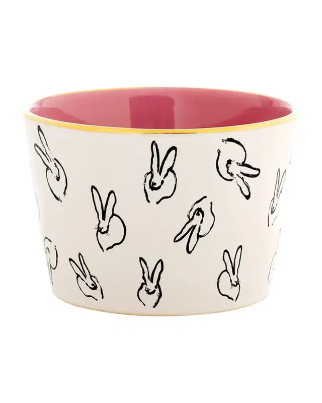 Hunt Slonem Bunny Bar Bowl in White with Pink Interior