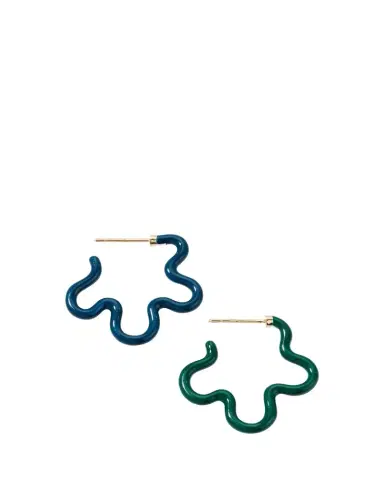 Bea Bongiasca Two-Tone Asymmetrical Flower Small Hoop Earrings in Emerald and Teal Enamel | Thumbnail 1 Bea Bongiasca Two-Tone Asymmetrical Flower Small Hoop Earrings in Emerald and Teal Enamel | Thumbnail 1