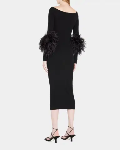 LAPOINTE Criss-Cross Cutout Midi Dress w/ Feather Trim | Thumbnail 2 LAPOINTE Criss-Cross Cutout Midi Dress w/ Feather Trim | Thumbnail 2