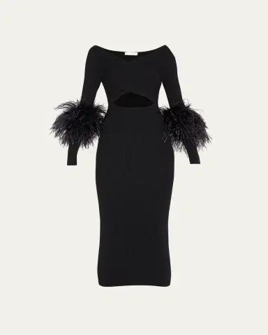LAPOINTE Criss-Cross Cutout Midi Dress w/ Feather Trim | Thumbnail 5 LAPOINTE Criss-Cross Cutout Midi Dress w/ Feather Trim | Thumbnail 5