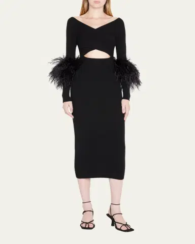 LAPOINTE Criss-Cross Cutout Midi Dress w/ Feather Trim | Thumbnail 6 LAPOINTE Criss-Cross Cutout Midi Dress w/ Feather Trim | Thumbnail 6