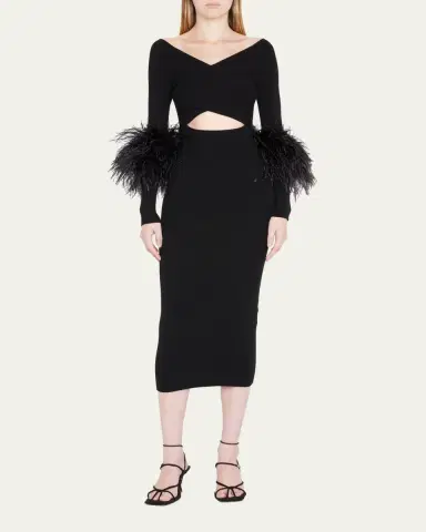 LAPOINTE Criss-Cross Cutout Midi Dress w/ Feather Trim | Thumbnail 8 LAPOINTE Criss-Cross Cutout Midi Dress w/ Feather Trim | Thumbnail 8
