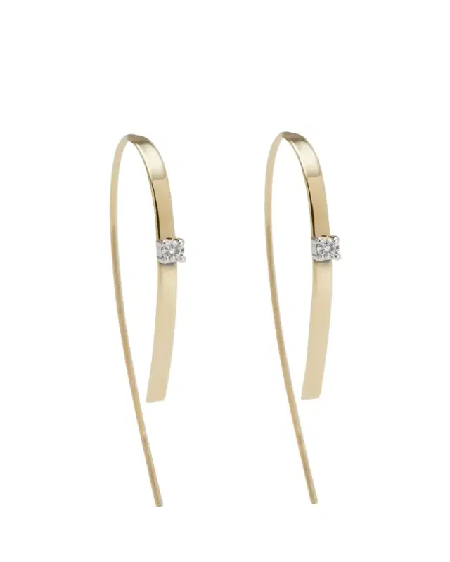 14K Gold Small Flat Forward Facing Hooked On Hoop Earrings with Diamonds