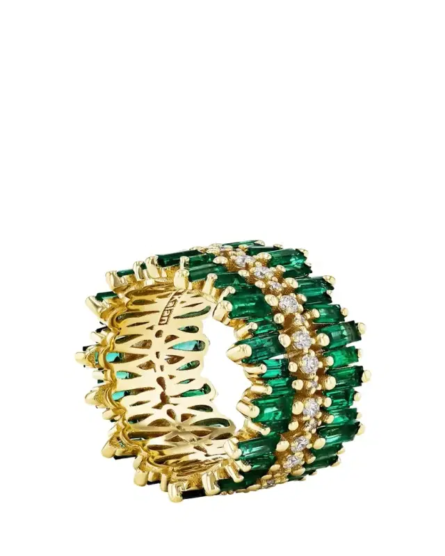 18K Yellow Gold Triple-Row Diamond and Emerald Eternity Band Ring