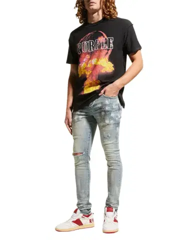 PURPLE Men's P001 Light Indigo Paint Blowout Skinny Jeans | Thumbnail 1 PURPLE Men's P001 Light Indigo Paint Blowout Skinny Jeans | Thumbnail 1