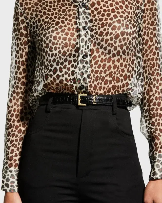 YSL Croc-Embossed Skinny Belt