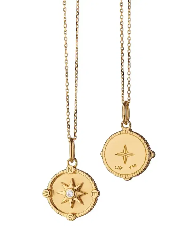 Mini Travel Compass Charm Necklace with Diamond Bezel at Center