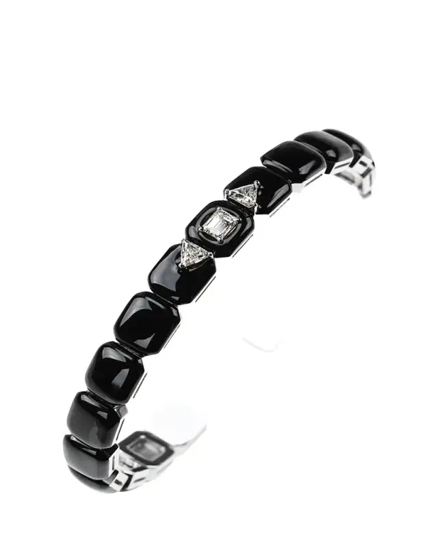 Oui 18k White Gold Black Enamel Trillion and Emerald Diamond Bracelet