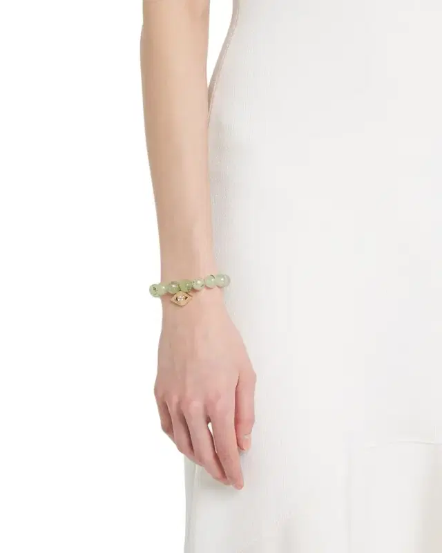 14k Gold Prehnite Beaded Bracelet with Diamond Evil Eye Charm