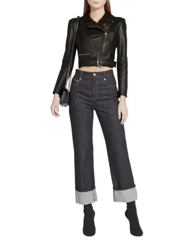 Alexander McQueen Cropped Leather Biker Jacket | Thumbnail 1