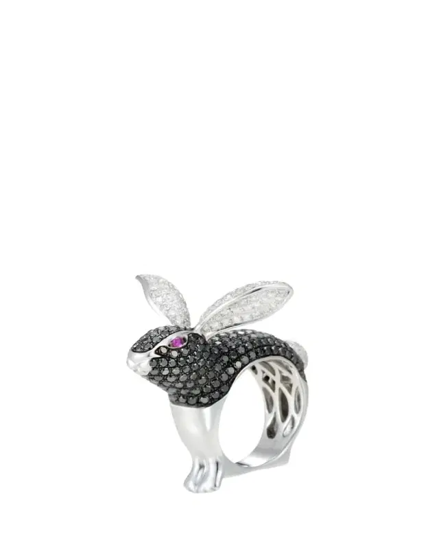 18k White Gold Black and White Diamond Bunny Ring