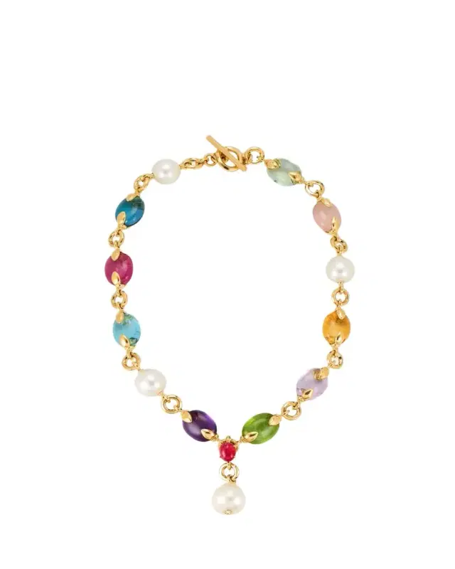 Fulco Y 18K Yellow Gold Necklace with South Sea Pearls, Diamonds, and Precious Gemstones