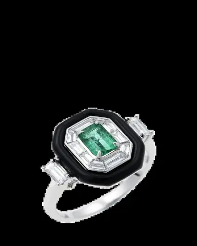 Nikos Koulis Oui 18k White Gold Black Enamel, Emerald and Diamond Ring | Thumbnail 2 Nikos Koulis Oui 18k White Gold Black Enamel, Emerald and Diamond Ring | Thumbnail 2