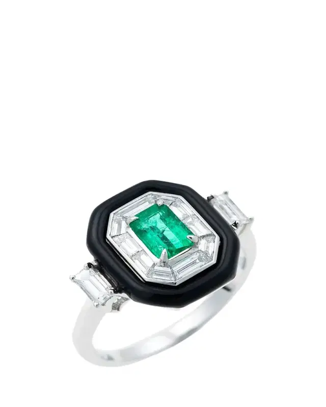 Oui 18k White Gold Black Enamel, Emerald and Diamond Ring