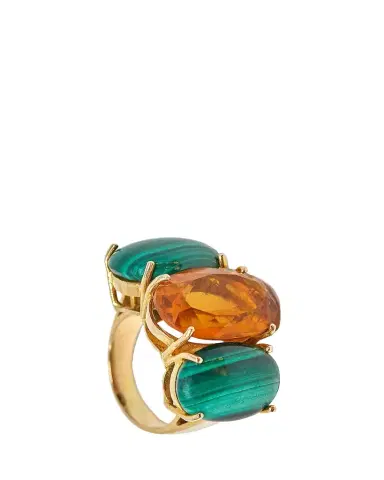 Grazia And Marica Vozza 18k Yellow Gold Citrine Quartz Malachite Trilogy Ring | Thumbnail 1