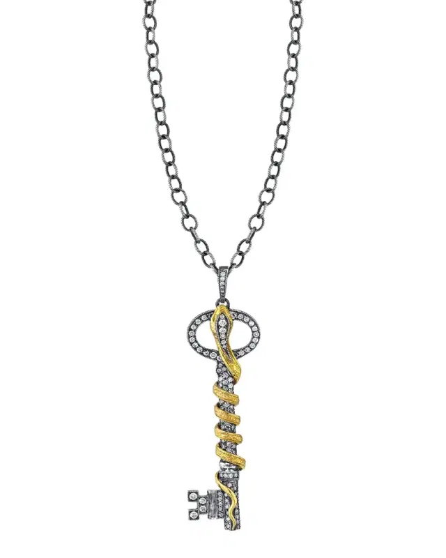 Long Diamond Key Pendant with Snake on Oxidized Silver Chain