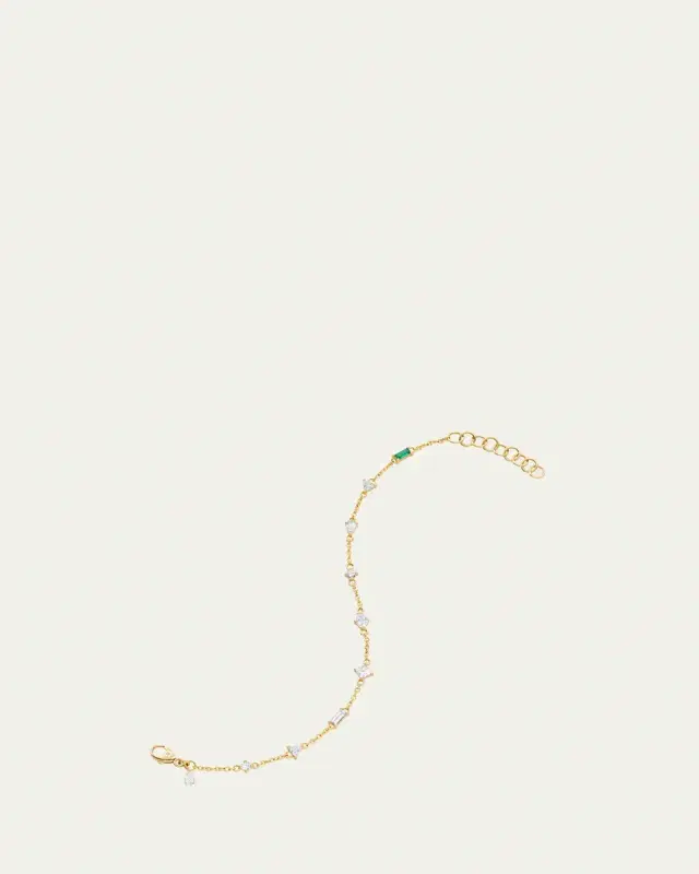 18K Yellow Gold Staggered Diamond and Emerald Tennis Bracelet