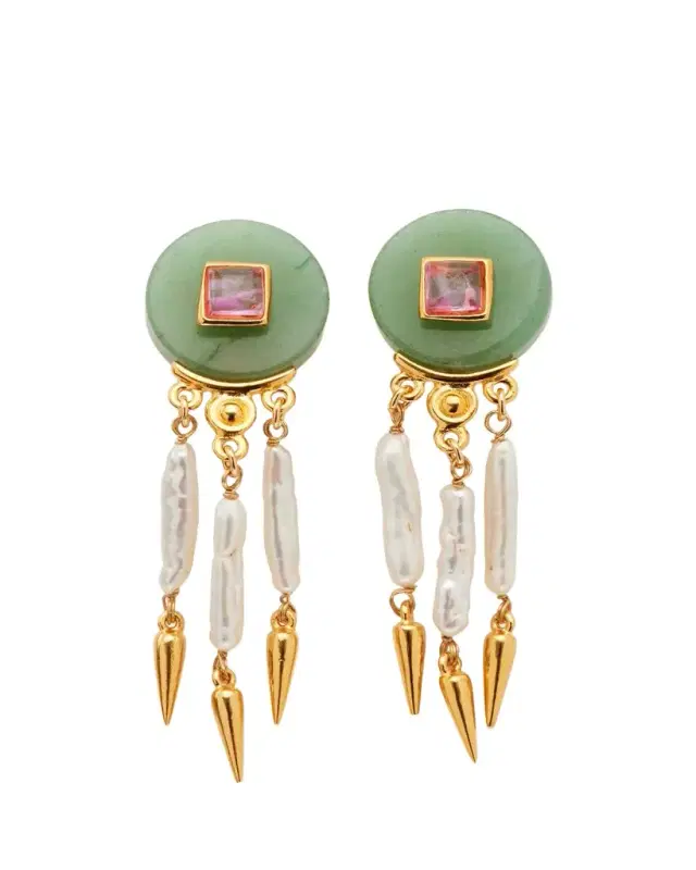 Ben-Amun Madre Pearl, Aventurine and Rose Crystal Clip Earrings