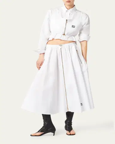 Miu Miu Popeline Drawstring Zip-Front Midi Skirt | Thumbnail 2