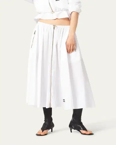 Miu Miu Popeline Drawstring Zip-Front Midi Skirt | Thumbnail 4