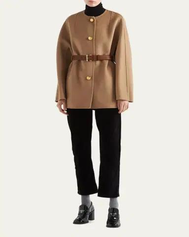 Prada Double Wool Leather Belted Caban Jacket | Thumbnail 3