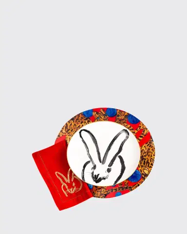 Hunt Slonem Painted Bunny Embroidered Dinner Napkin, Red/Gold | Thumbnail 2