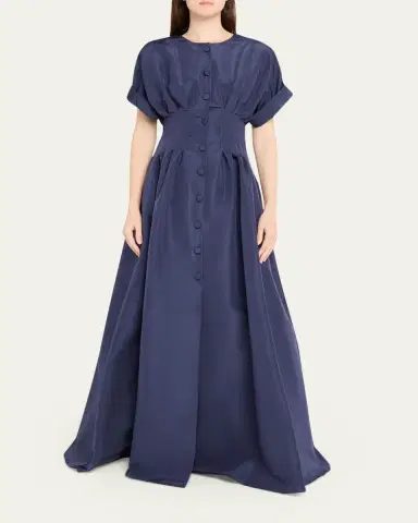 Carolina Herrera Corset-Waist Short-Sleeve Button-Front Gown | Thumbnail 2