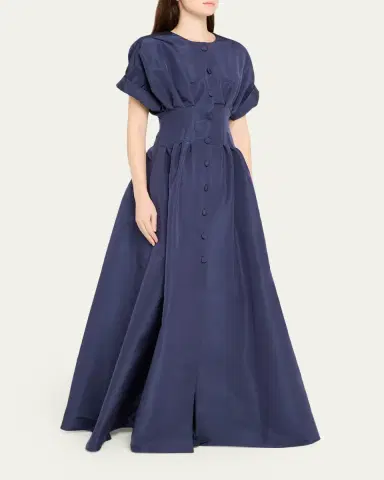 Carolina Herrera Corset-Waist Short-Sleeve Button-Front Gown | Thumbnail 4