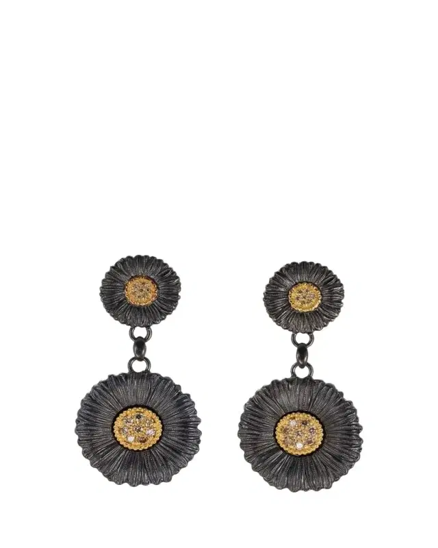 Blossoms Daisy Burnished Sterling Silver and 18K Yellow Gold Diamond Pendant Earrings