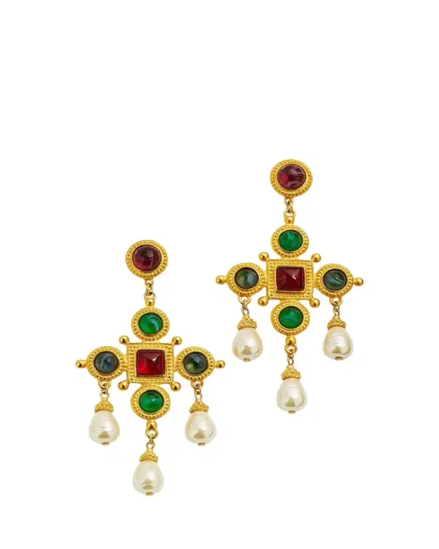 Ben-Amun 24k Gold Electroplated Pearly Drop Cross Earrings