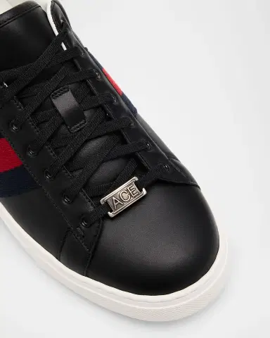 Gucci Men's Ace Leather Web Low-Top Sneakers | Thumbnail 14 Gucci Men's Ace Leather Web Low-Top Sneakers | Thumbnail 14