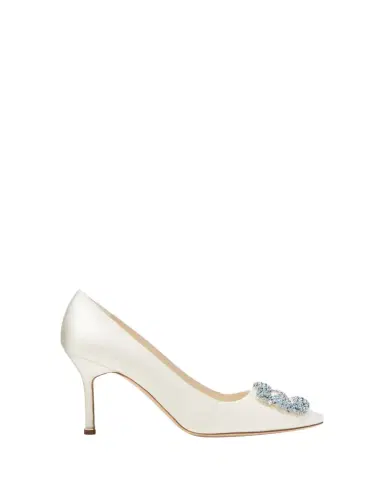 Manolo Blahnik 90mm Hangisi Satin Pumps with Crystal Buckle | Thumbnail 1