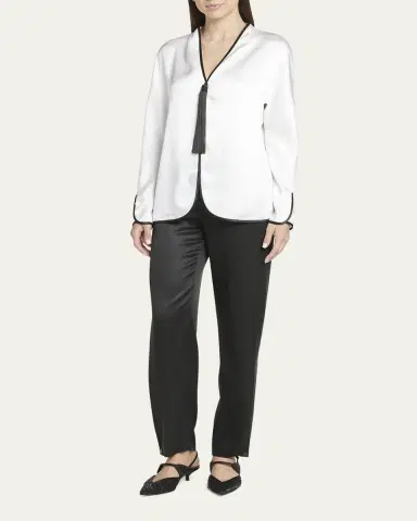 Giorgio Armani Tassel Silk Blouse with Contrast Tipping | Thumbnail 2 Giorgio Armani Tassel Silk Blouse with Contrast Tipping | Thumbnail 2