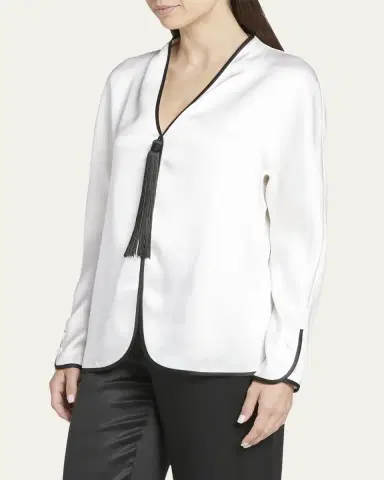 Giorgio Armani Tassel Silk Blouse with Contrast Tipping | Thumbnail 4 Giorgio Armani Tassel Silk Blouse with Contrast Tipping | Thumbnail 4